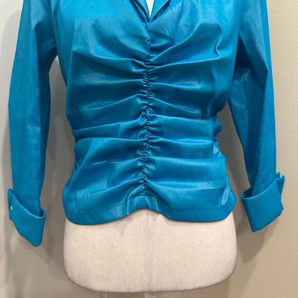 VTG 80s Tadashi Shoji Turquoise Ruched Iridescent Taffeta Blouse Small Glam Bold - Picture 4 of 9